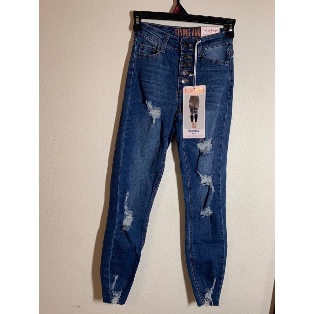 NWT Flying Angel Denim Blue Jeans High Rise Distressed Y2K Casual Ankle Size 00